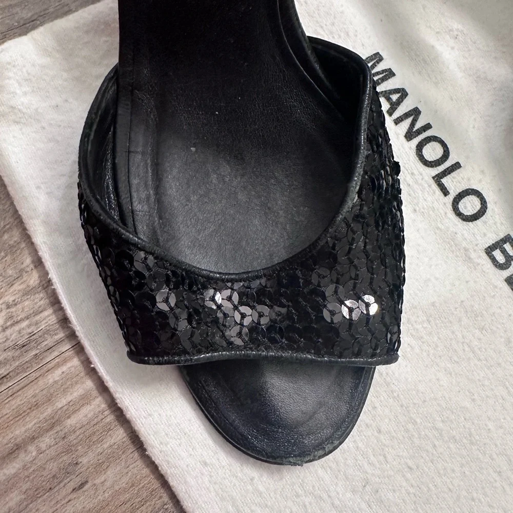 Manolo Blahnik Caldo Sequined Black Ankle Strap Peep Toe Stiletto Heels
